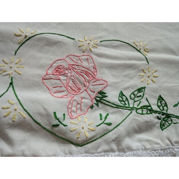 Vintage Hand-Embroidered Pillowcase With Lace Trim & Floral Design - Picture 3 of 5